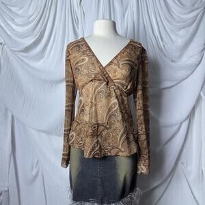 Vintage Indie Hippie Fairy Sheer Brown Paisley Women's Wrap Top (M)